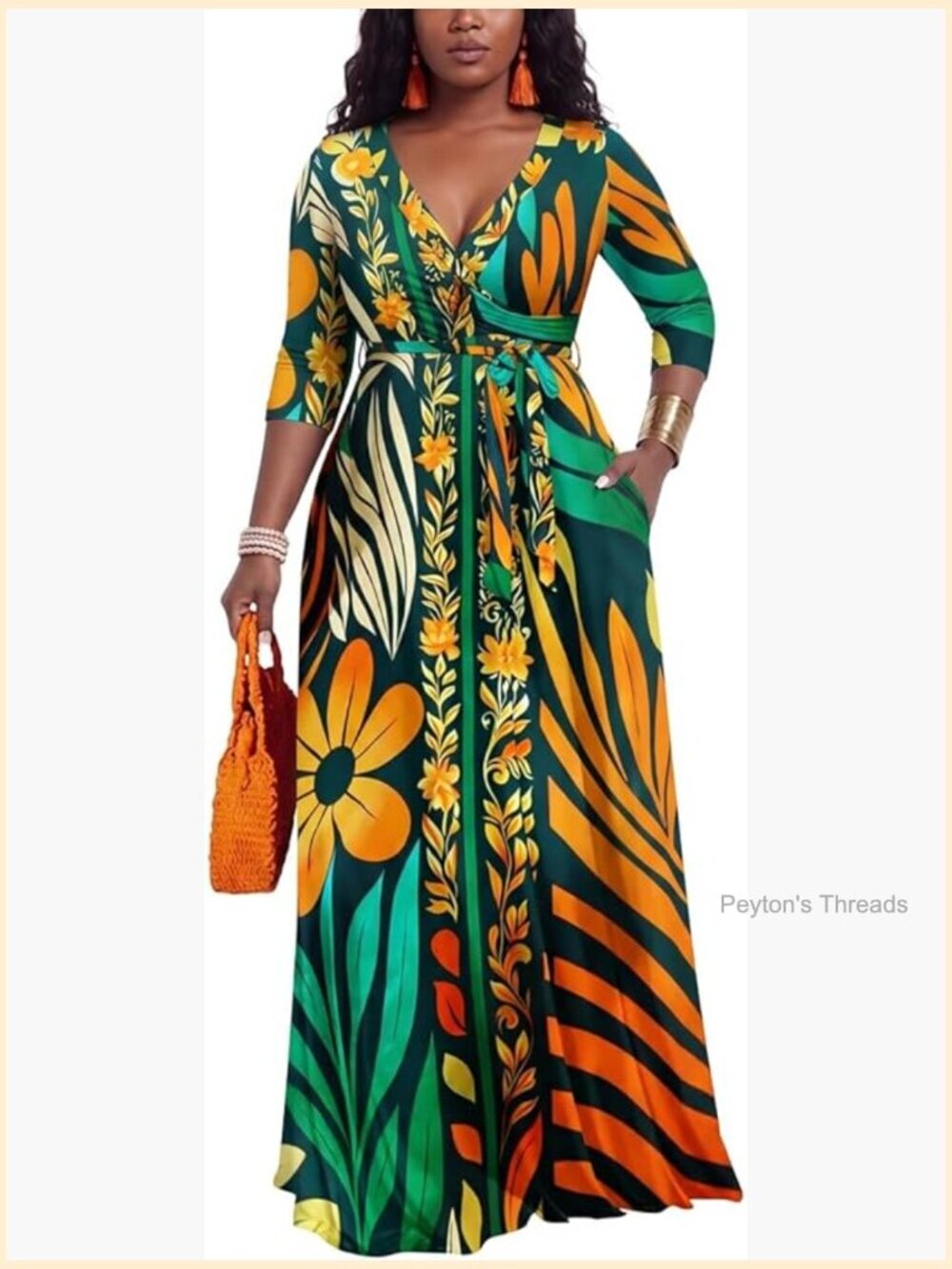 Plus Size Maxi Dress V-Neck 3/4 Sleeve Casual Floral Sundress
